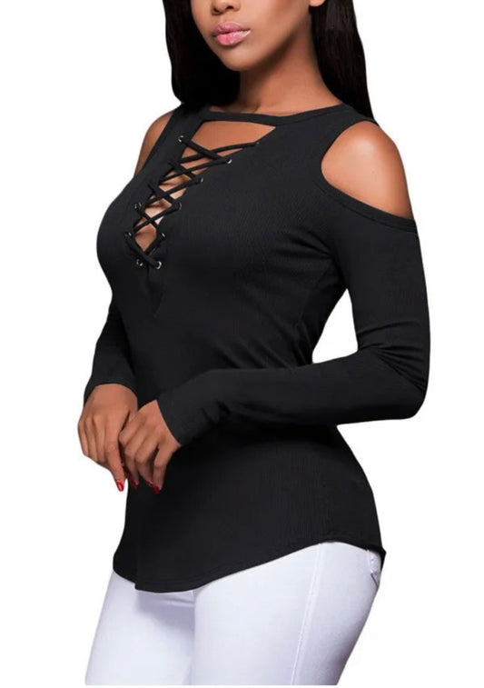 Crisscross Off The Shoulder Long Sleeve (Black)