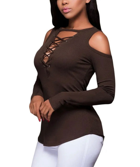 Crisscross Off The Shoulder Long Sleeve (Brown)