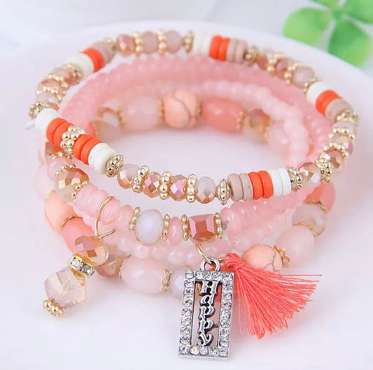 Happy Engraved Tasseled Bracelet Set (Pink)