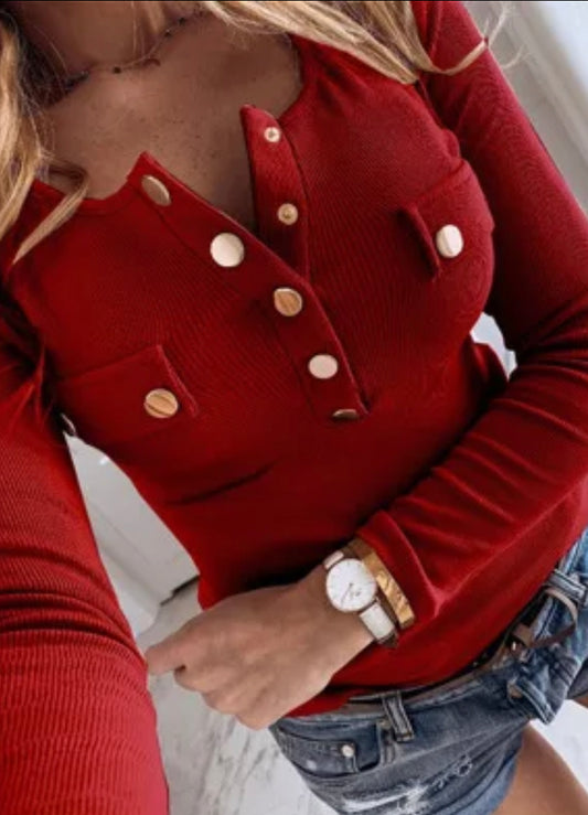 Casual Long Sleeve with Golden Button (Red)