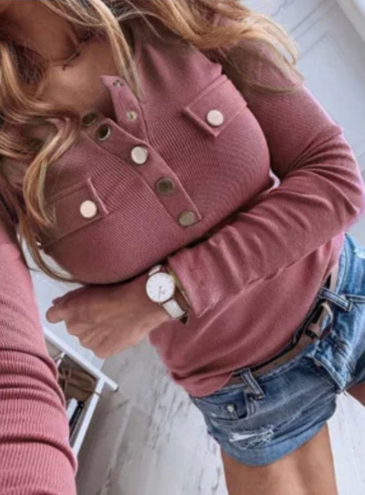 Casual Long Sleeve with Golden Button (Pink)