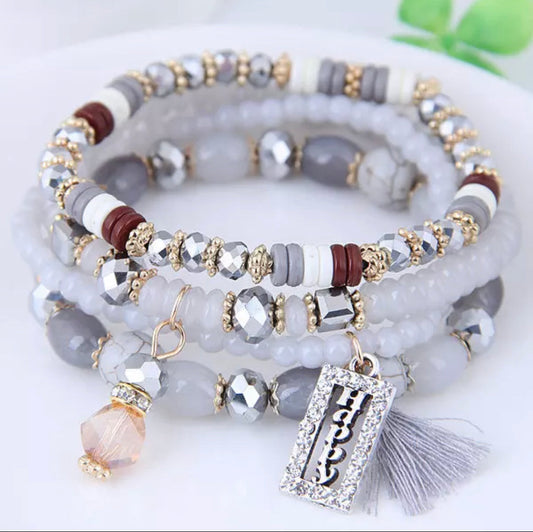 Happy Engraved Tasseled Bracelet Set (Grey)