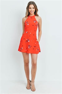 Red halter neck floral dress