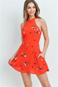 Red halter neck floral dress