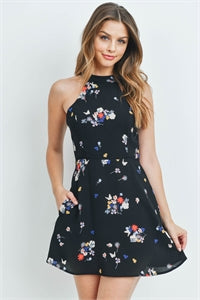 Black halter neck floral dress