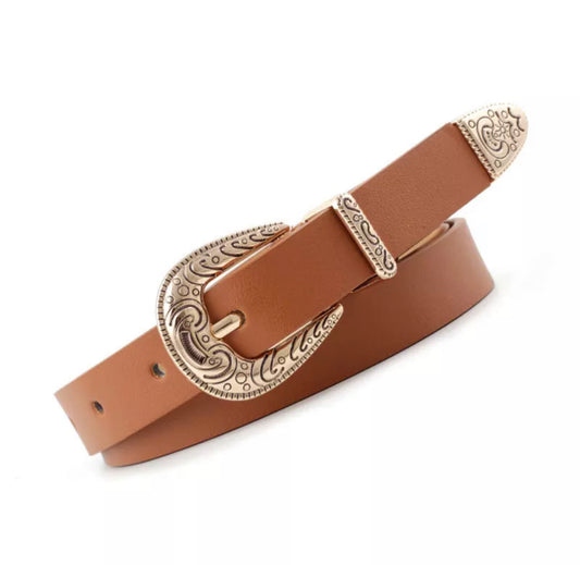 Western Metal Buckle Belt (Light Brown)