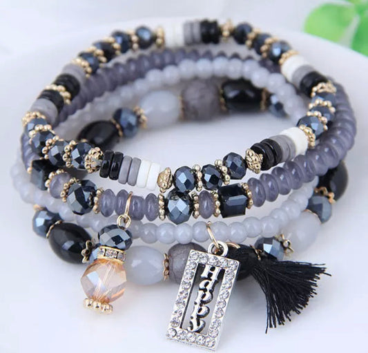 Happy Engraved Tasseled Bracelet Set (Black)