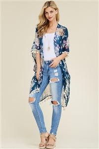 Blue Floral Tassel Kimono