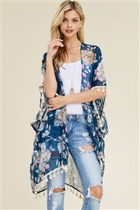 Blue Floral Tassel Kimono