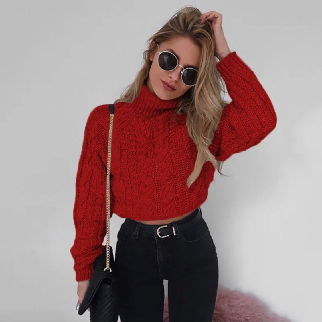 Red Knitted Cropped Turtle Neck Sweater