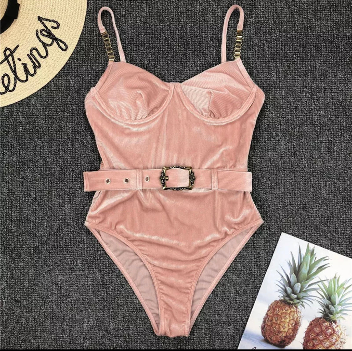 Pink Velvet Buckled Bikini