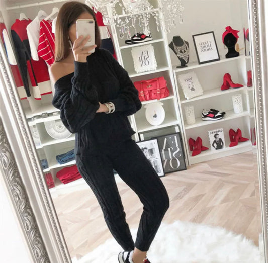 Knit Drop Shoulder Sweater & Drawstring Waist Knit Pants (Black)