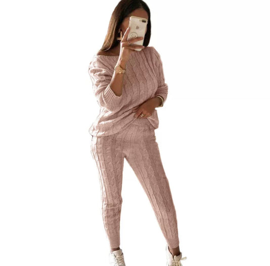 Knit Drop Shoulder Sweater & Drawstring Waist Knit Pants (Pink)